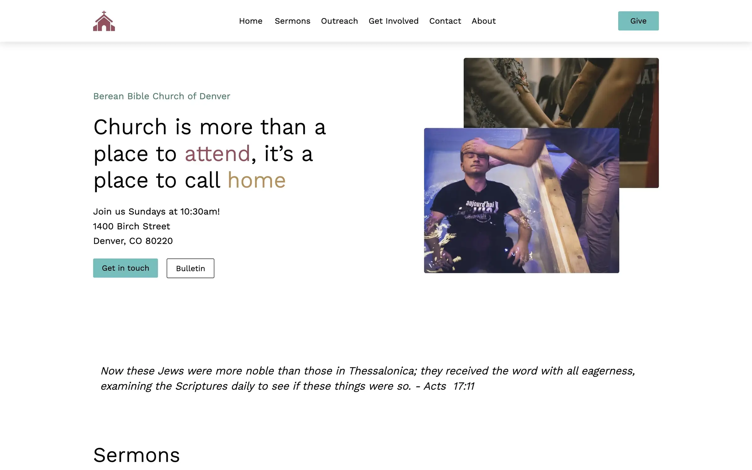 Screenshot of homepage on Berean Bible Church of Denver website