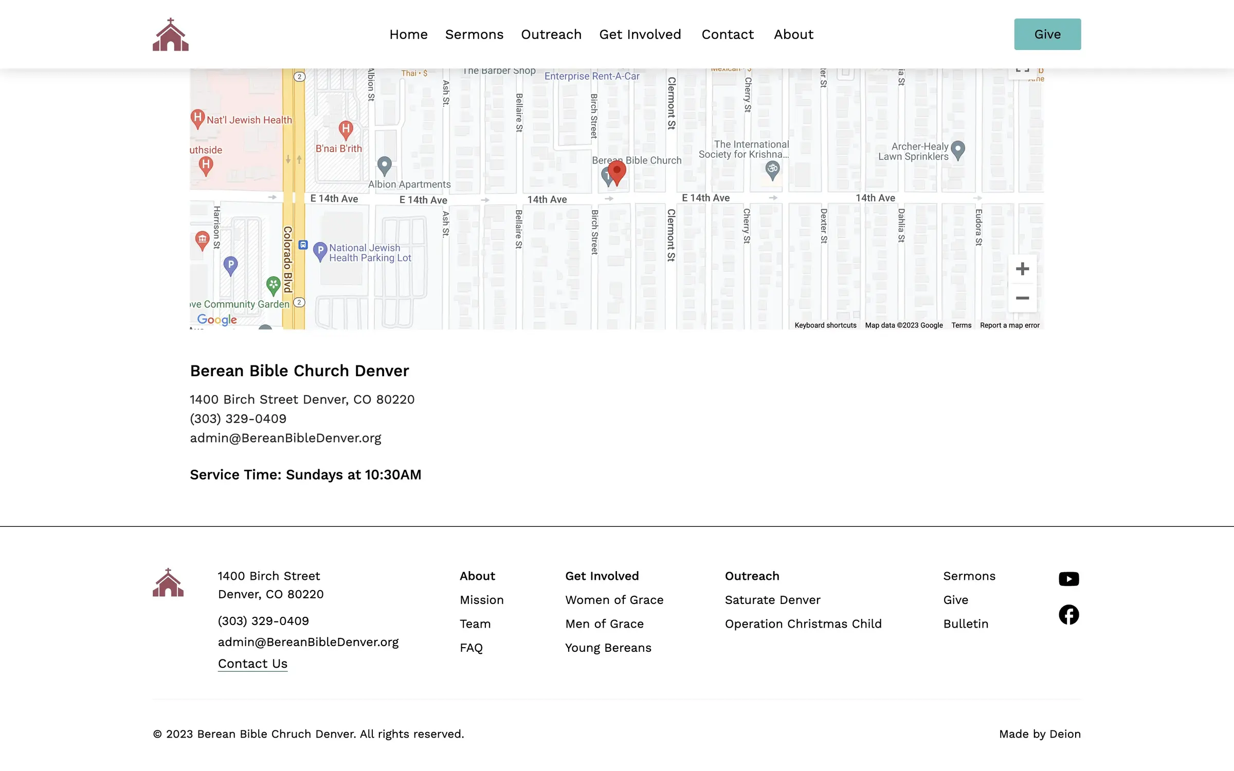 Screenshot of location and service info on Berean Bible Church of Denver website