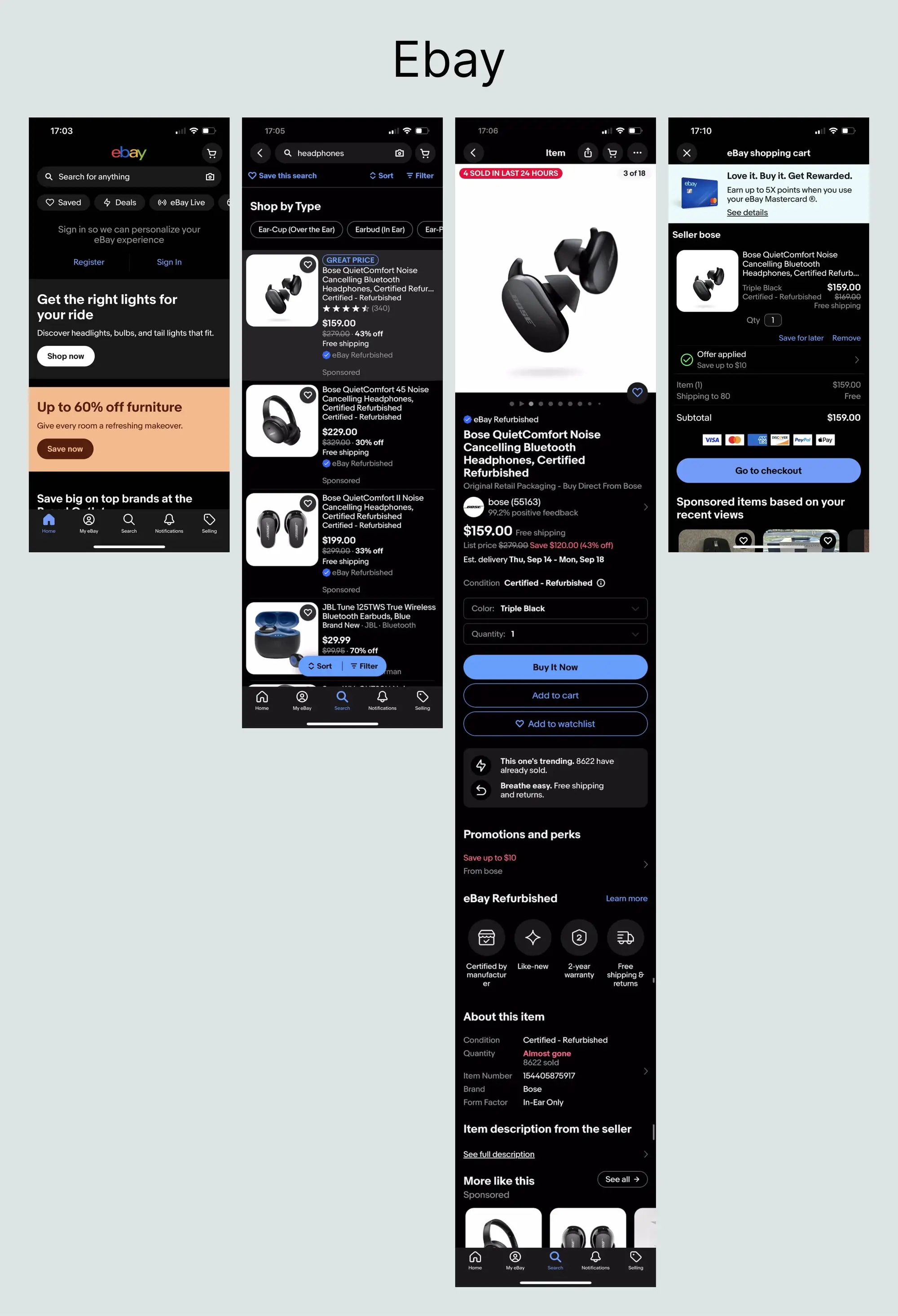 Screenshots of ebay mobile app