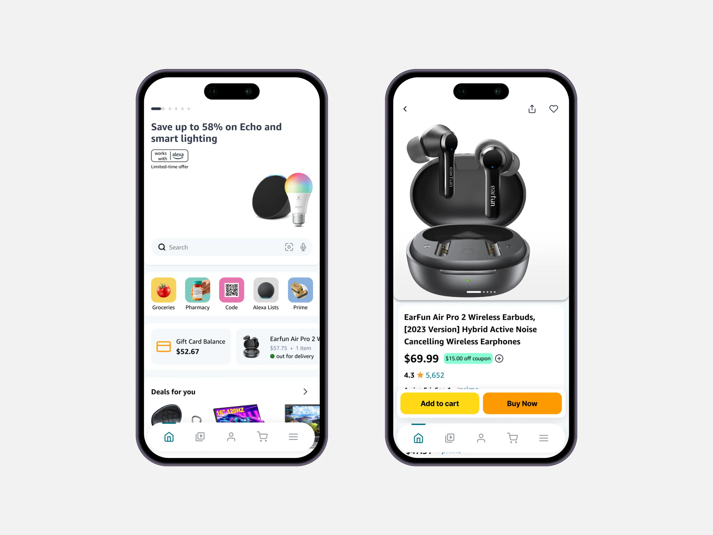Two iPhone showing Amazon mobile app redesign